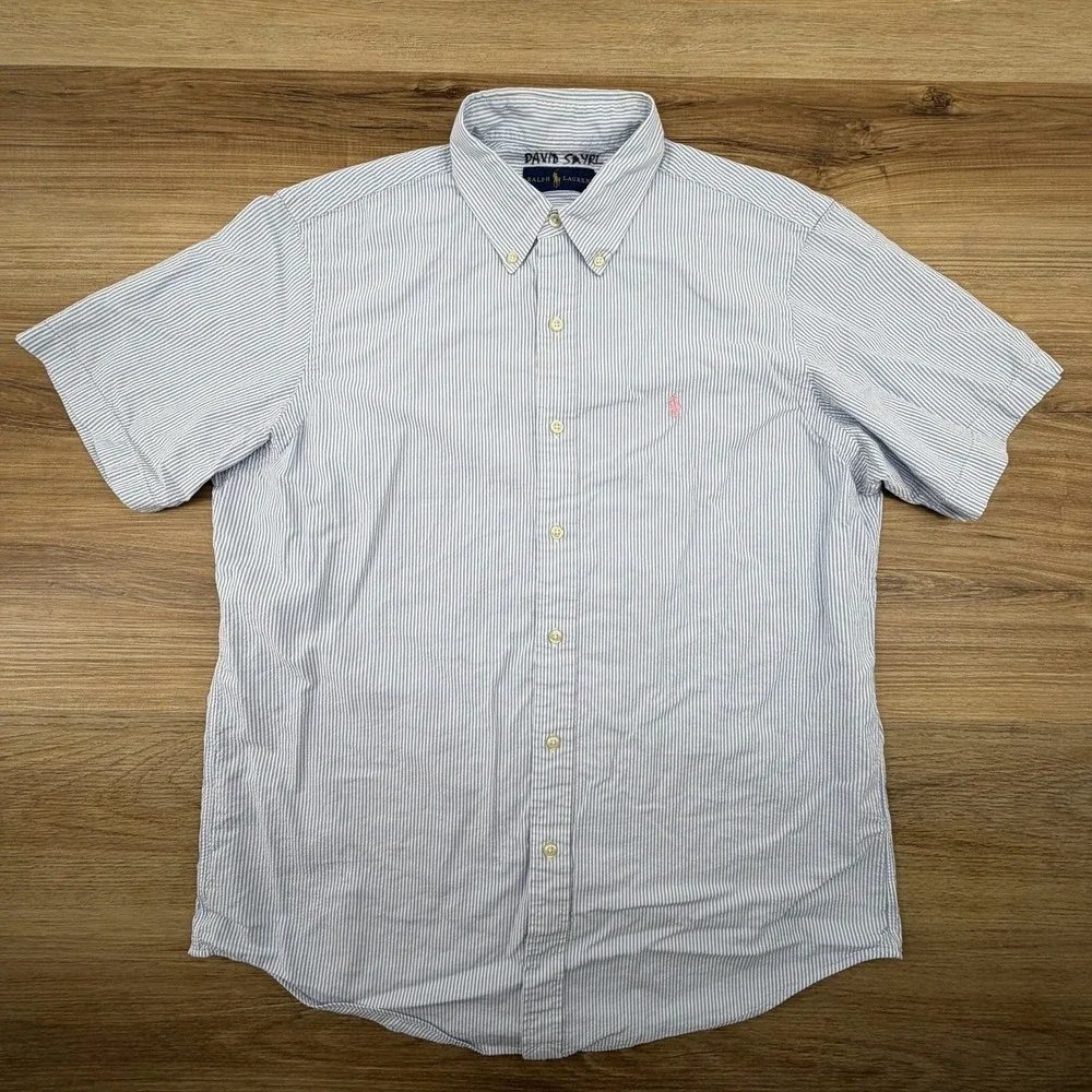 Polo Ralph Lauren Shirt Men Large Blue Seersucker Striped Button Preppy Formal